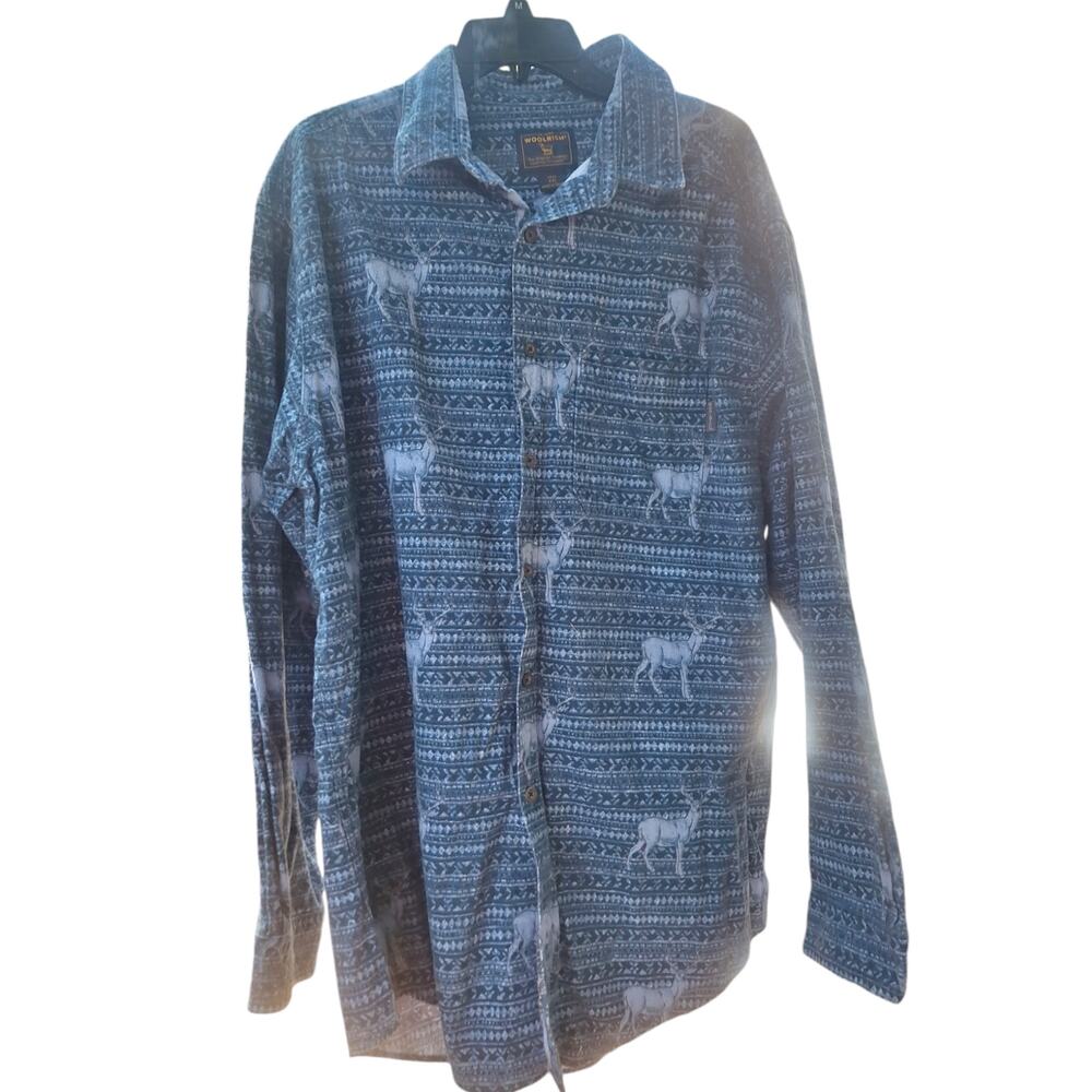 Mens Woolrich Heavyweight Button Up Shirt Long Sleeve Deer Buck Blue XXL